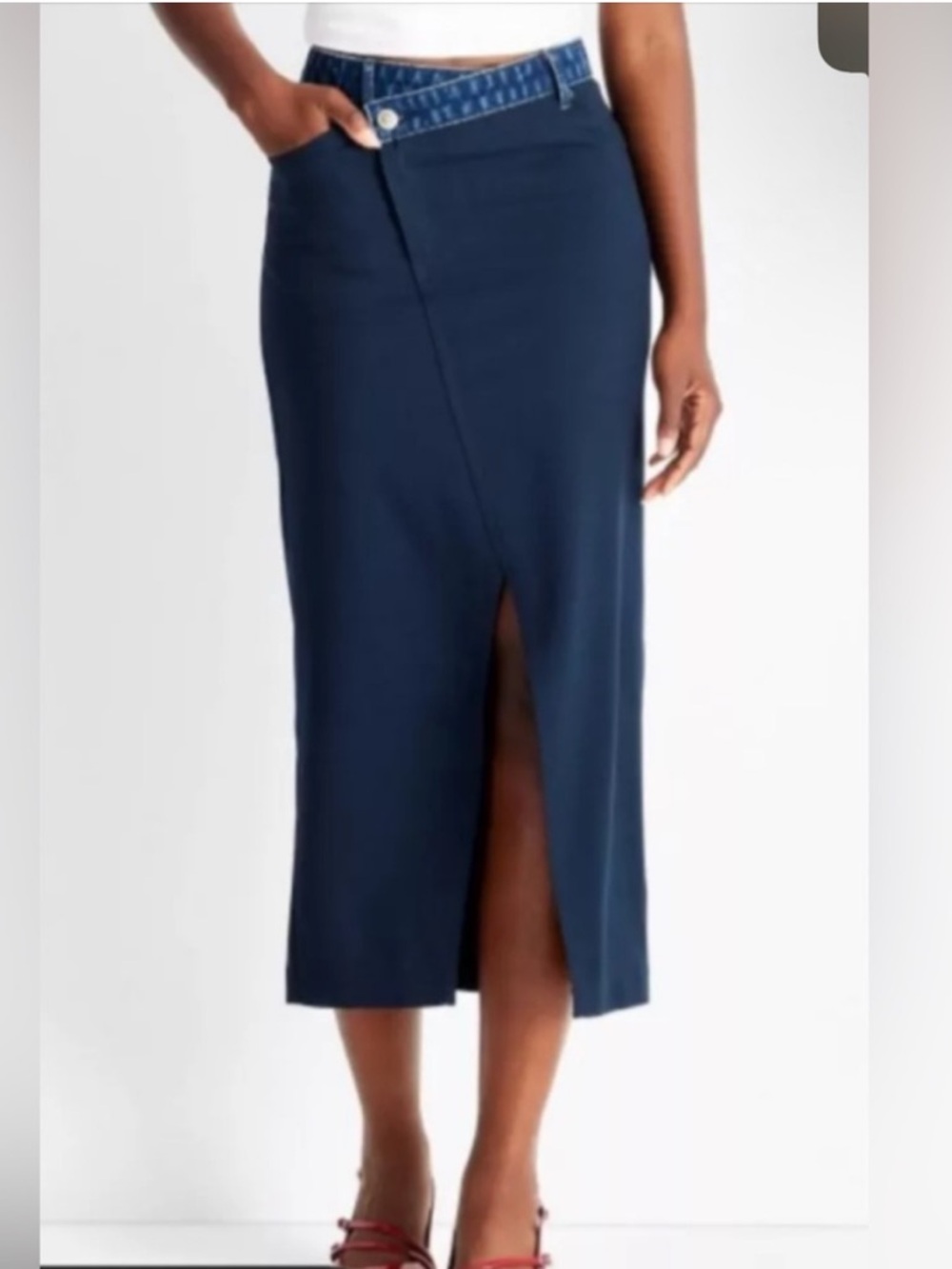Asymmetrical Navy Midi Skirt with Center Front Slit